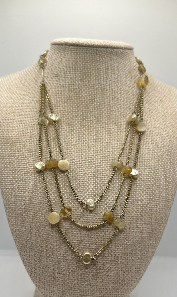 Vintage Monet Signed Stacked Gold Tone Chain With Faux Pearl Glass Bead Necklace