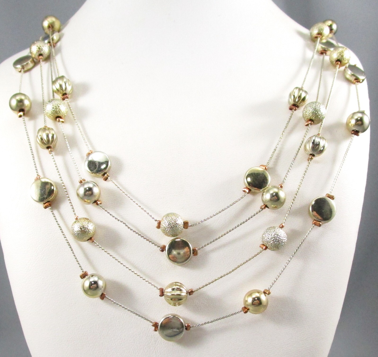 Gold Tone Illusion 4 Beaded Strand Layered Chains Necklace 7994