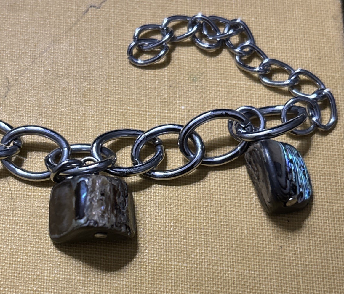 Plated Silver Chain And Abalone Shell Charm Bracelet 8-10 Inches Long