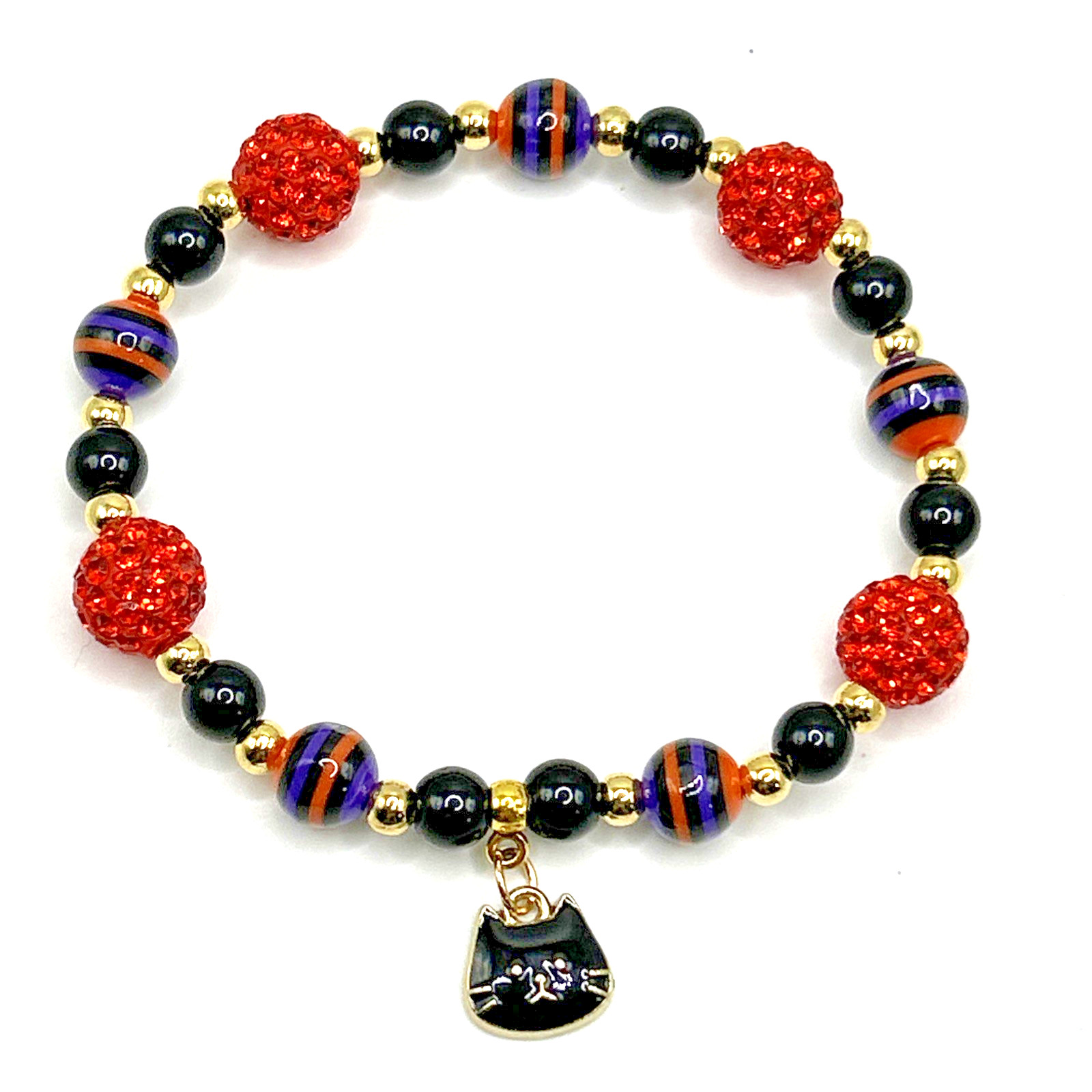 Halloween Black Cat Charm Beaded Stretch Bracelet- 7.25″ w Orange Rhinestones