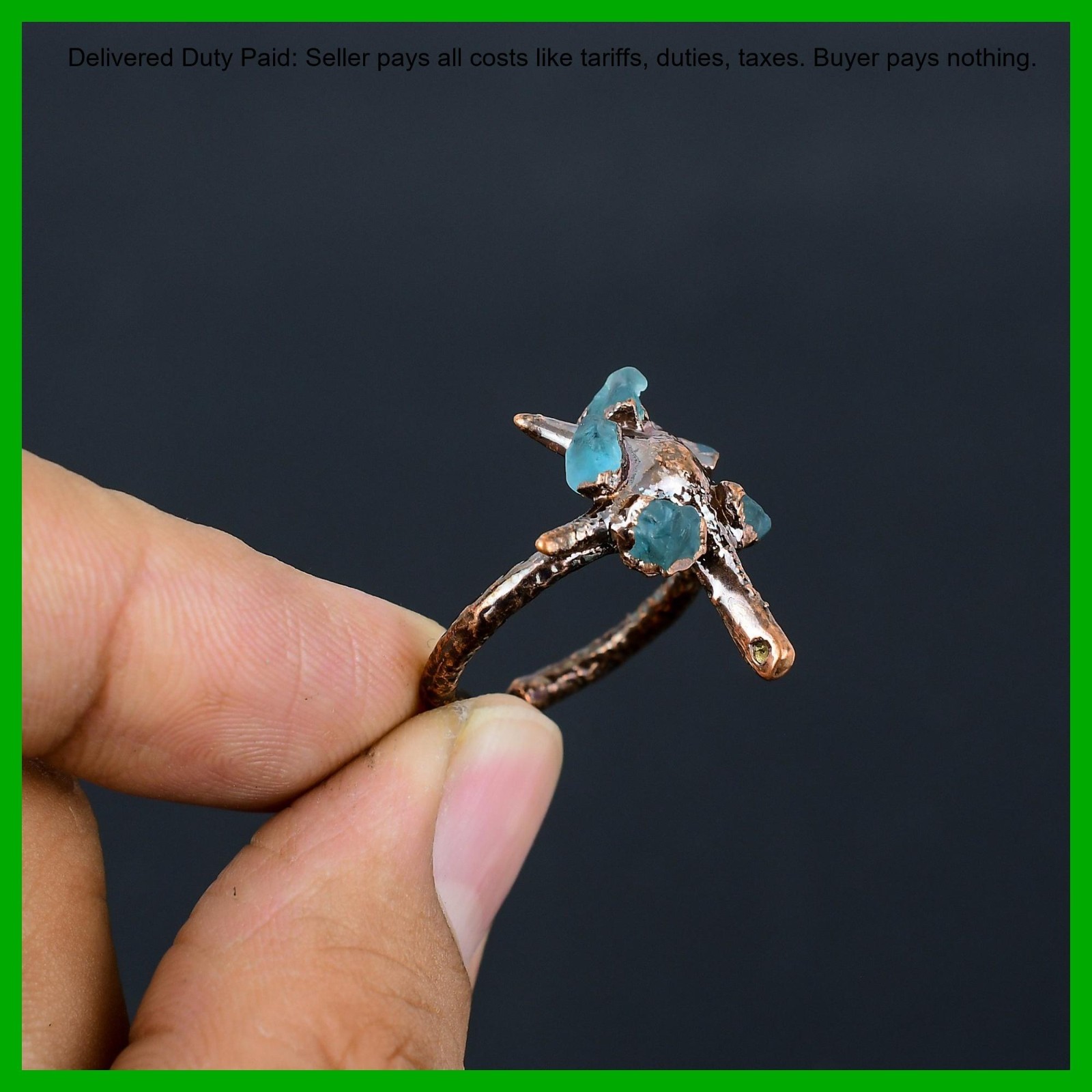 Pentagon Aquamarine Rough Stone New Electroformed Engagement Ring Jewelry Copper