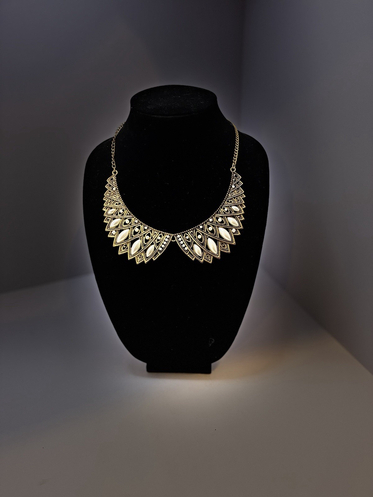 Vintage Egyptian Revival Bib Necklace Gold Tone White Cabochon Statement Collar