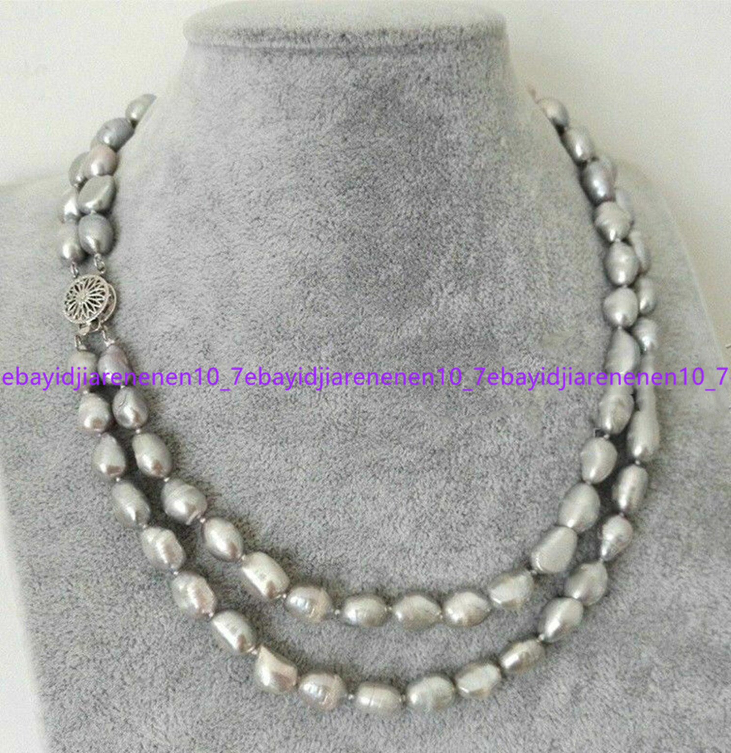Beautiful 2 Rows 7-8/8-9/9-10MM Natural Gray Baroque Pearl Necklace 17-18 in
