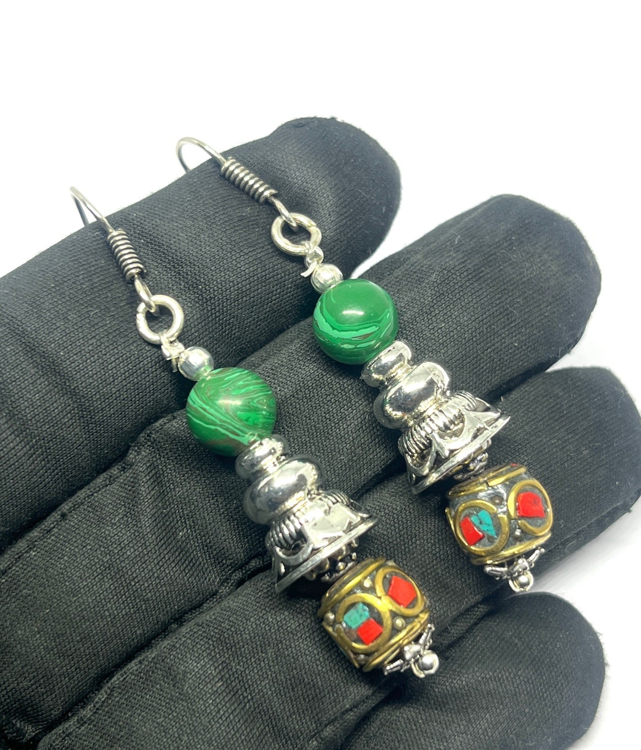 Turquoise Coral Malachite Gemstone Tibetan Handmade Earring Jewelry, 1.8 Inch