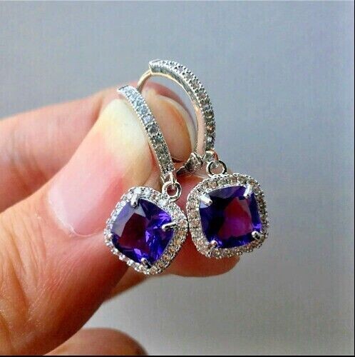 4Ct Cushion Cut Simulated Amethyst Drop/Dangle Earrings In 14K White Gold Plated