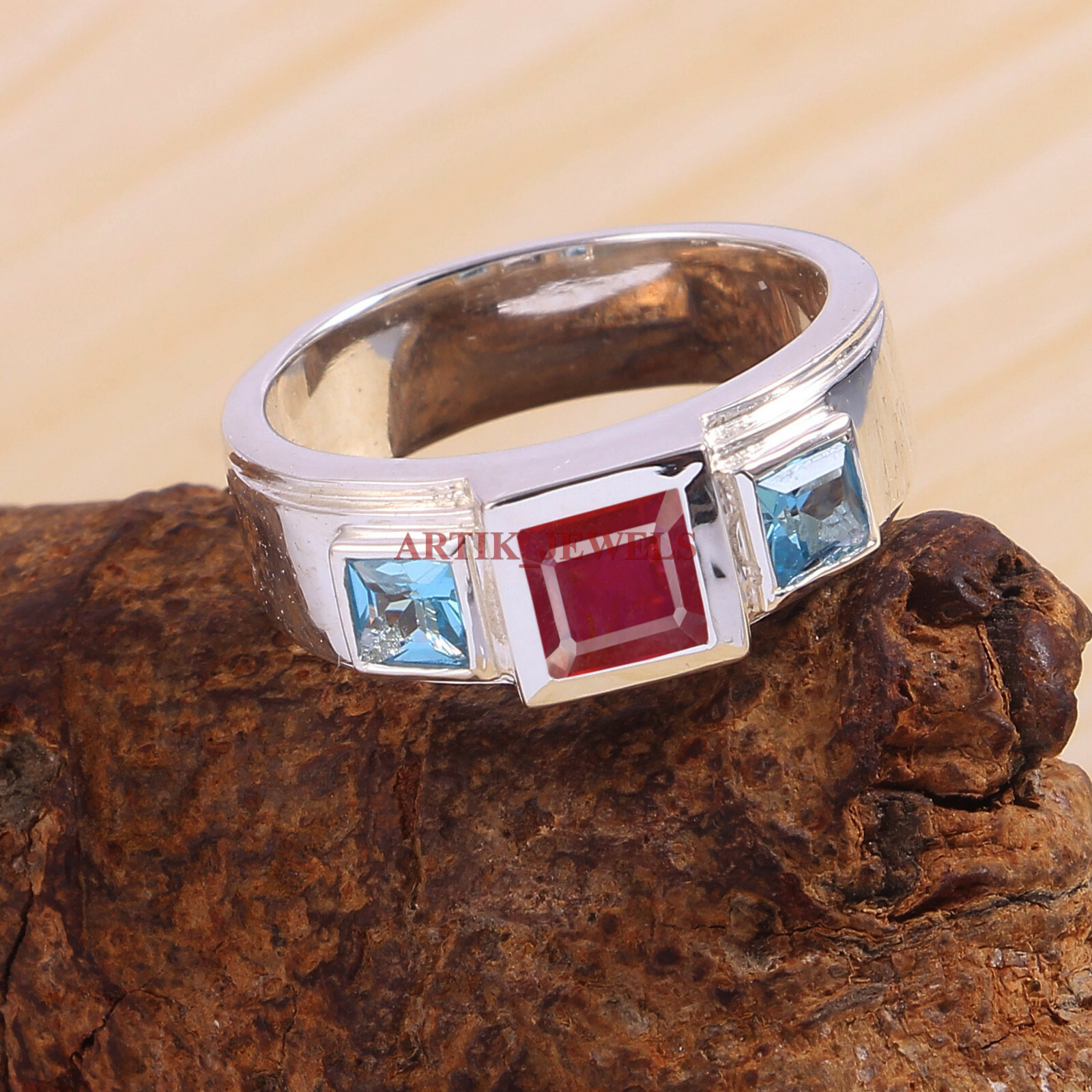 Heated Ruby & Blue Topaz Gemstone with 925 Sterling Silver Ring for Men’s #5730