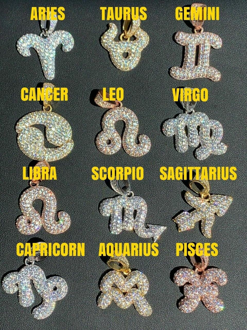Solid 925 Silver Gold Plated Iced Bubble CZ Zodiac Astrology Sign Pendant HipHop
