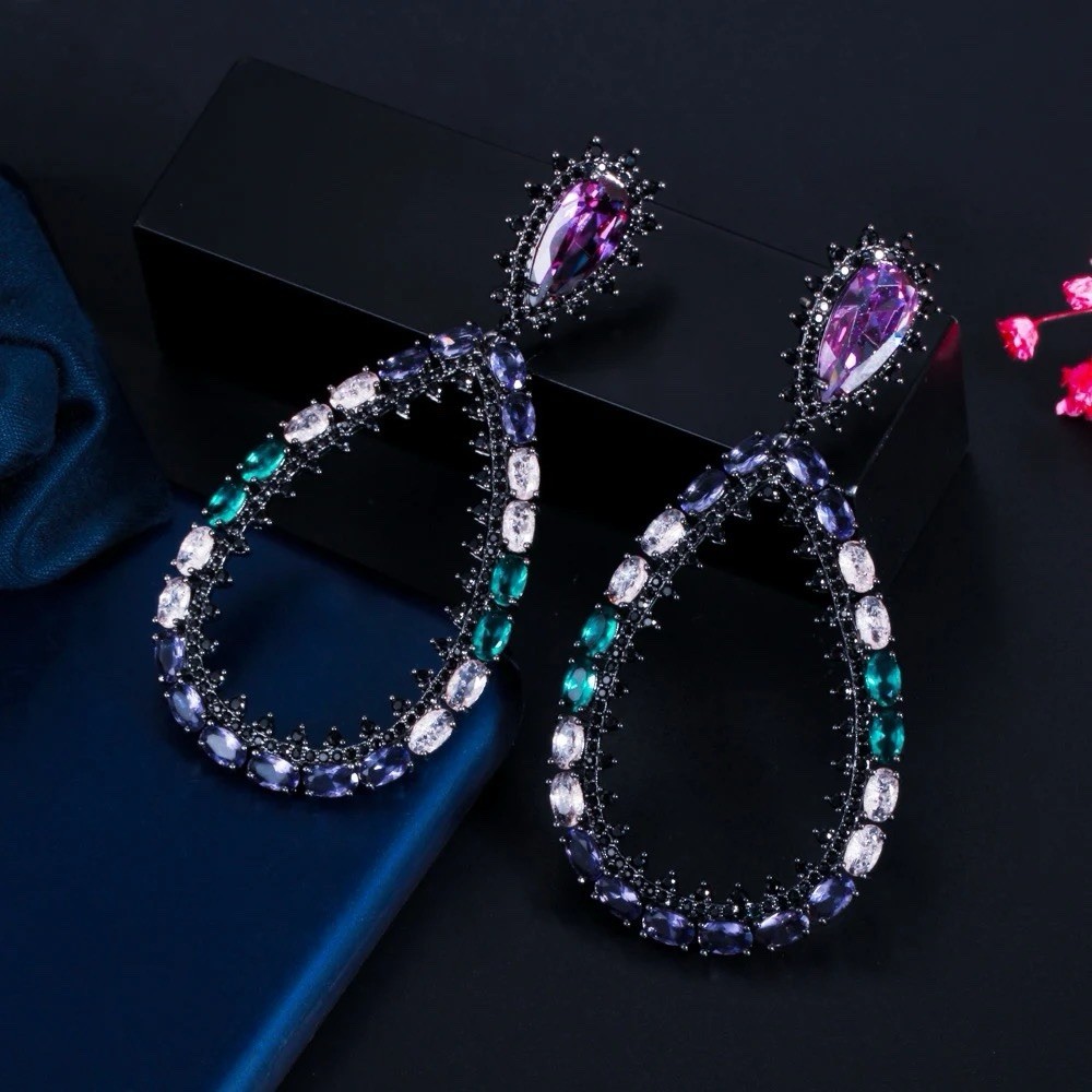 Unique Oval Shape Multicolor Cubic Zirconia Oversize Long Large Drop Earrings
