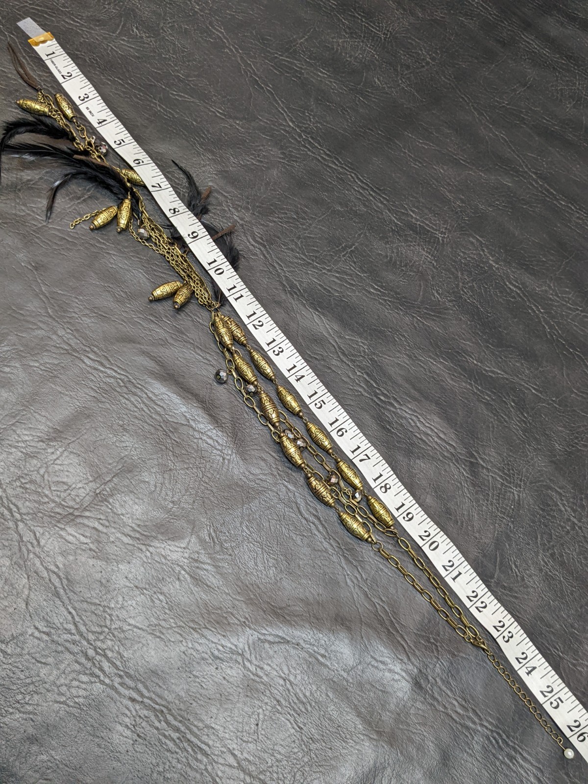 Boho Tribal Feather Barrel Necklace Brass Tone Tassel Statement Festival
