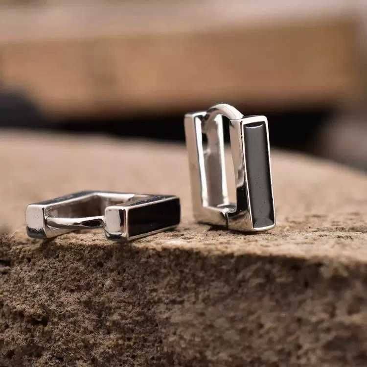 925 Silver Black Rectangle Hoop Earrings Unisex Geometric Square Hoops 083