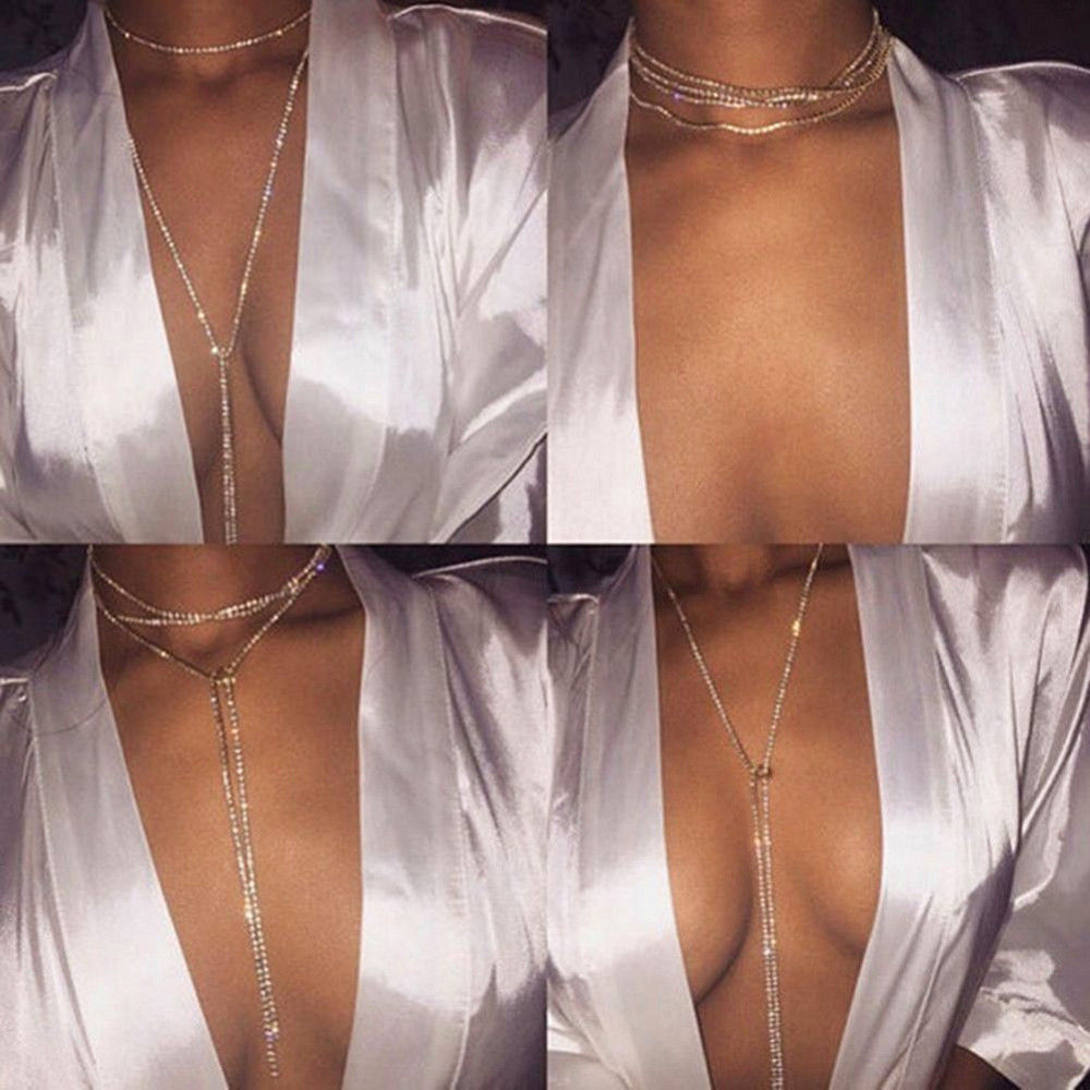Rhinestone Necklace Lariat Chain Wrap Around Convertible Silver 58in Long Strand
