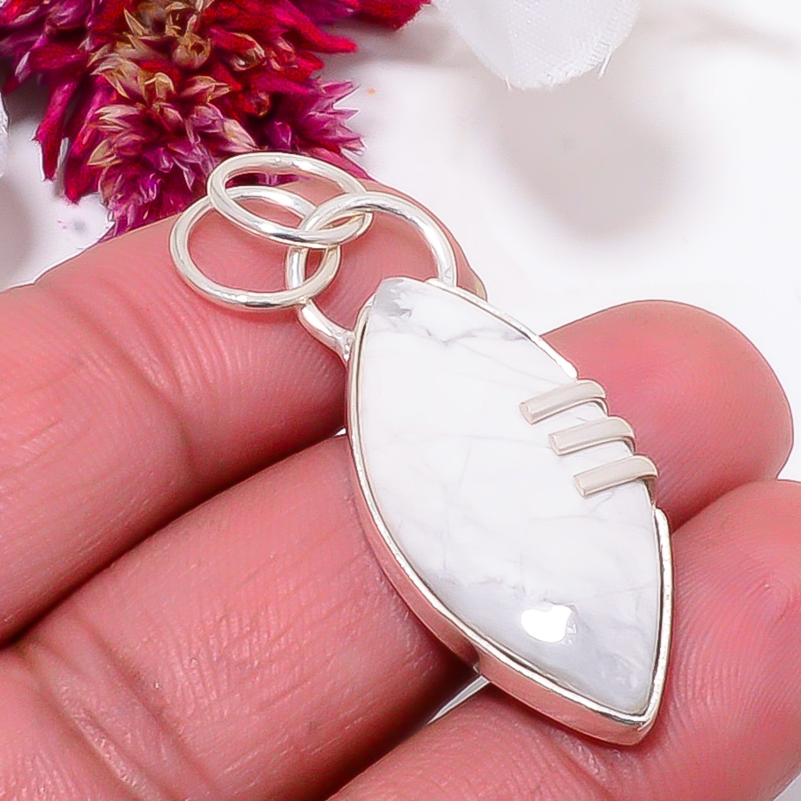 Natural White Howlite – United States 925 Sterling Silver Pendant 1.76″ sku59