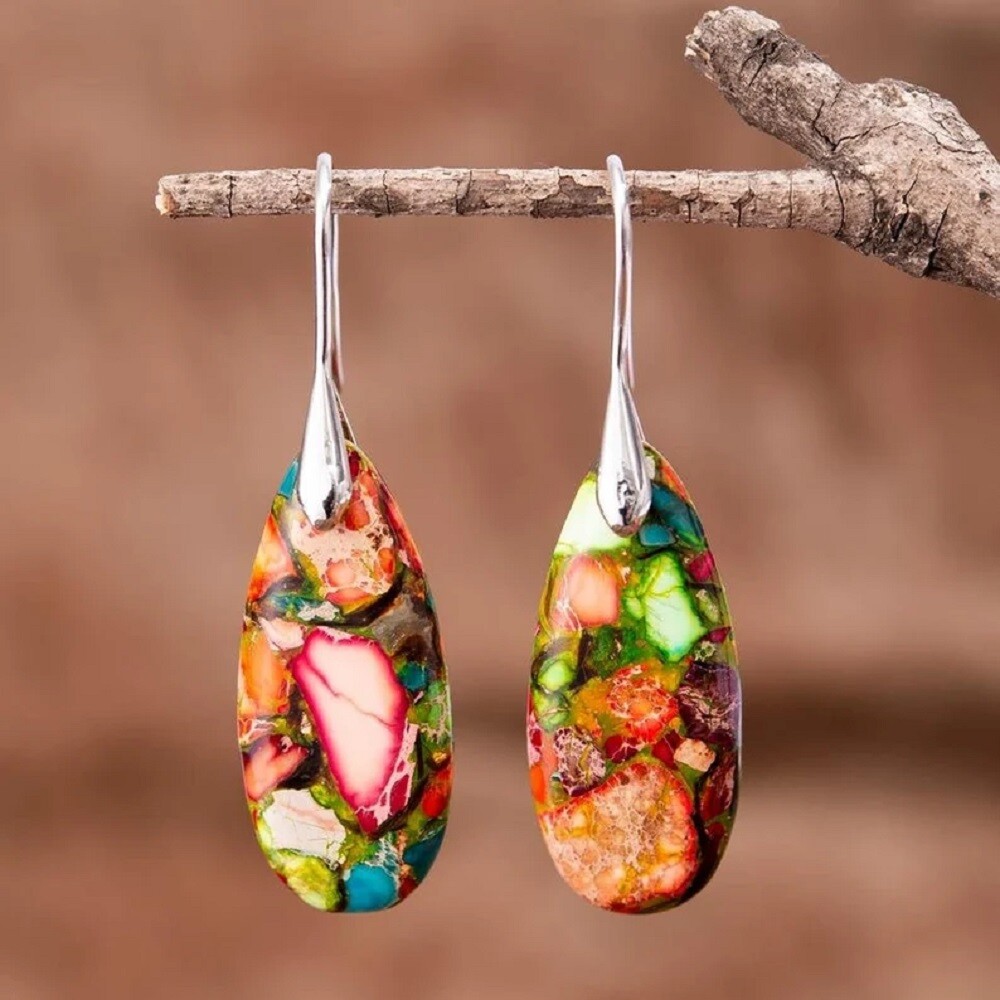 Natural Sea Sediment Jasper Gemstone Drop Earrings Teardrop Dangle Handmade