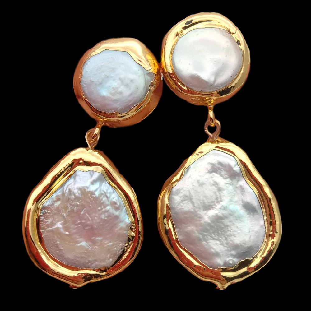 Cultured White Coin Pearl yellow Gold Plated Stud Earrings