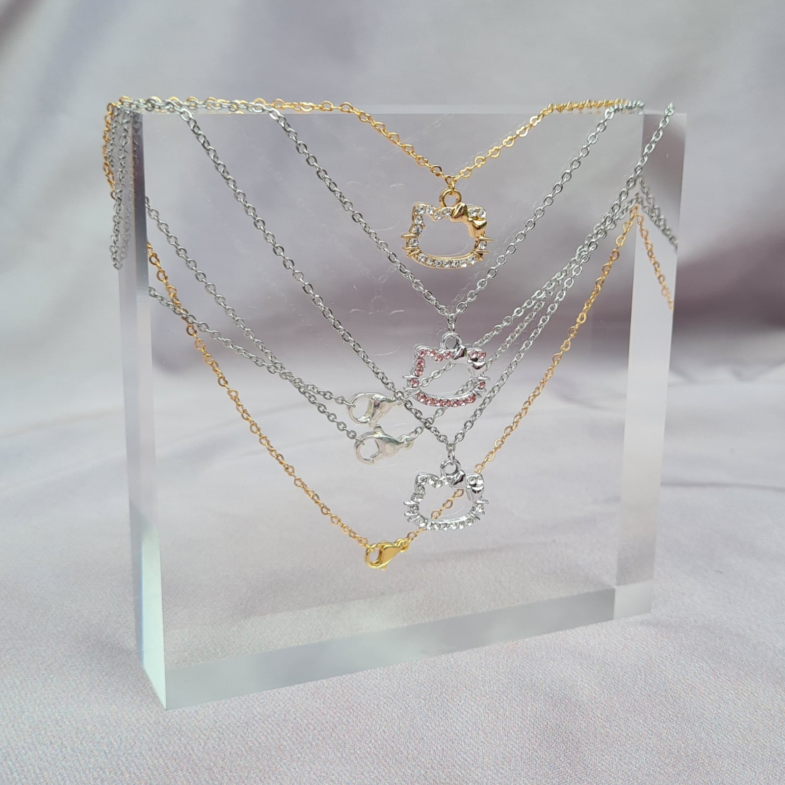 Handmade Hello Kitty Pendant Gold/Silver Cubic Zirconia Necklace 15in/38cm
