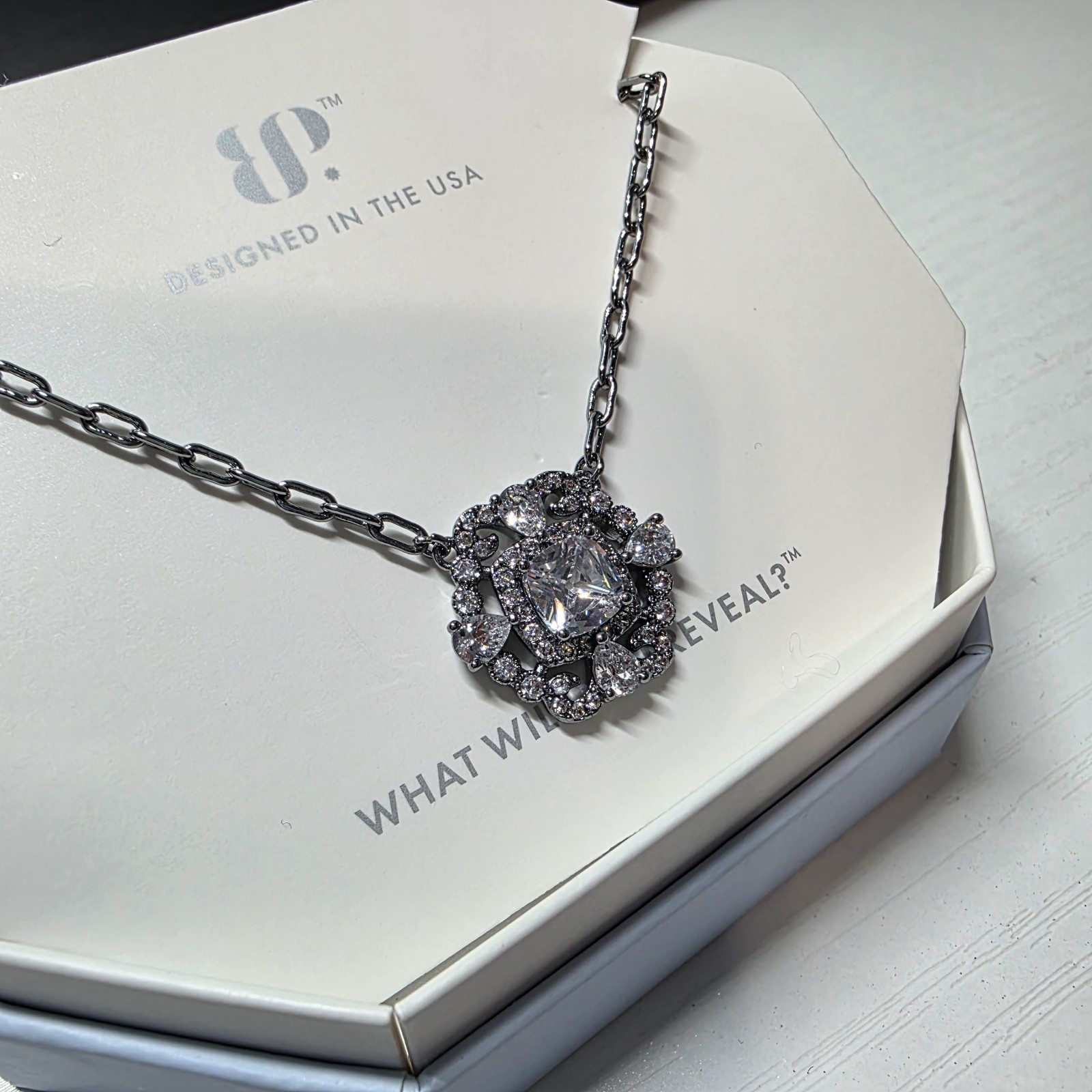 Bomb Party Necklace “Snowflake Goddess” Clear CZ on Hematite NK11352