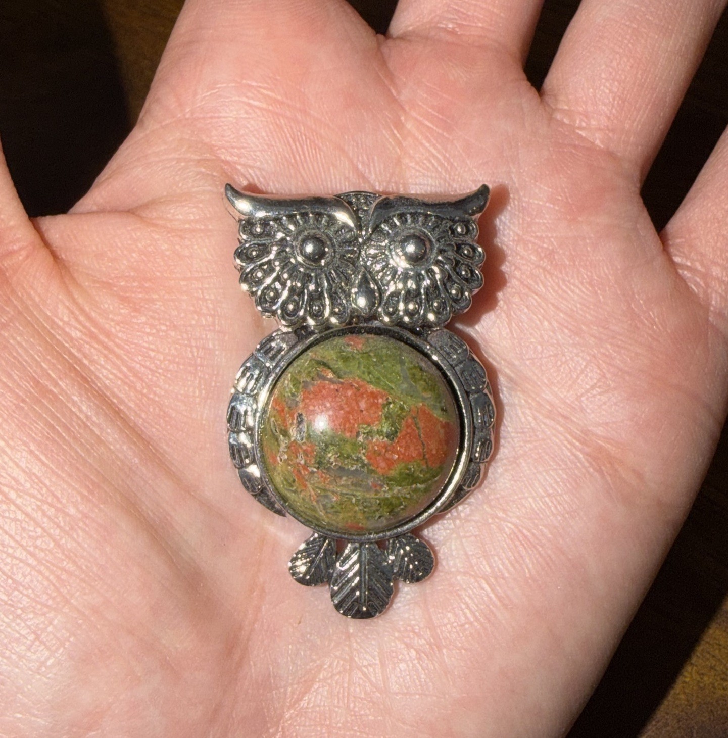 Unakite Owl Pendant Silver Tone Metal Round Bezel 1.75 in