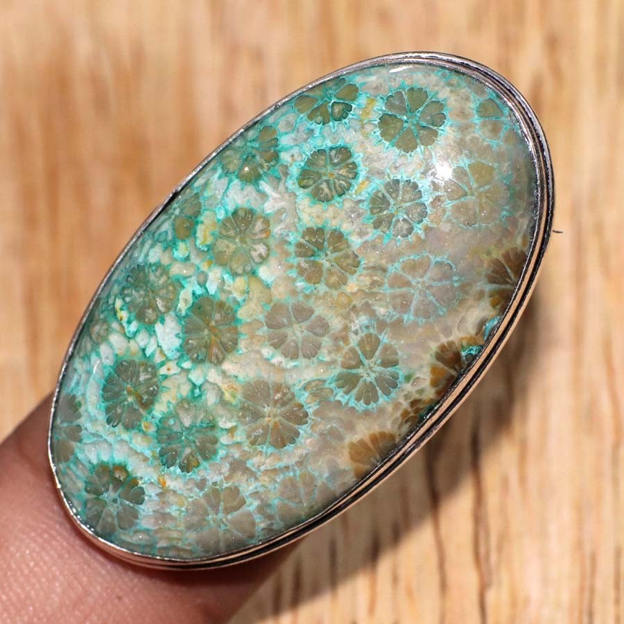925 Silver Plated Green Fossil Coral Ring US 7 Bridal Style Jewelry Trendy GW
