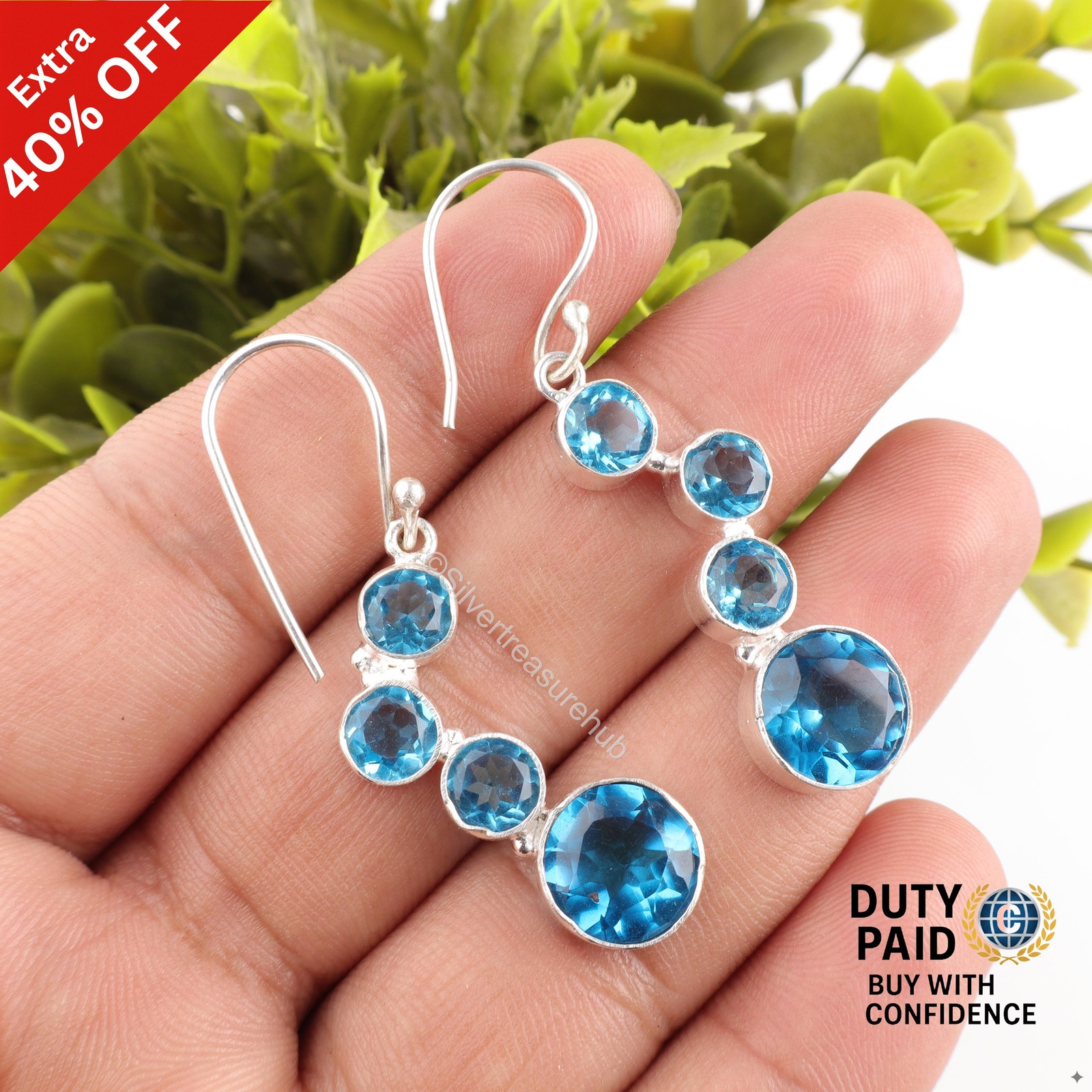Swiss Blue Topaz Stone 925 Silver December Drop Handcrafted Daughter Earrings