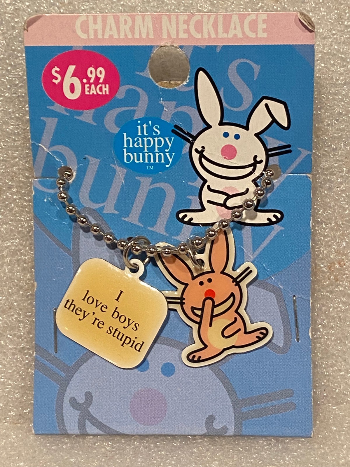 It’s Happy Bunny Charm Necklace (I Love Boys They’re Stupid) NEW On Backing* BB