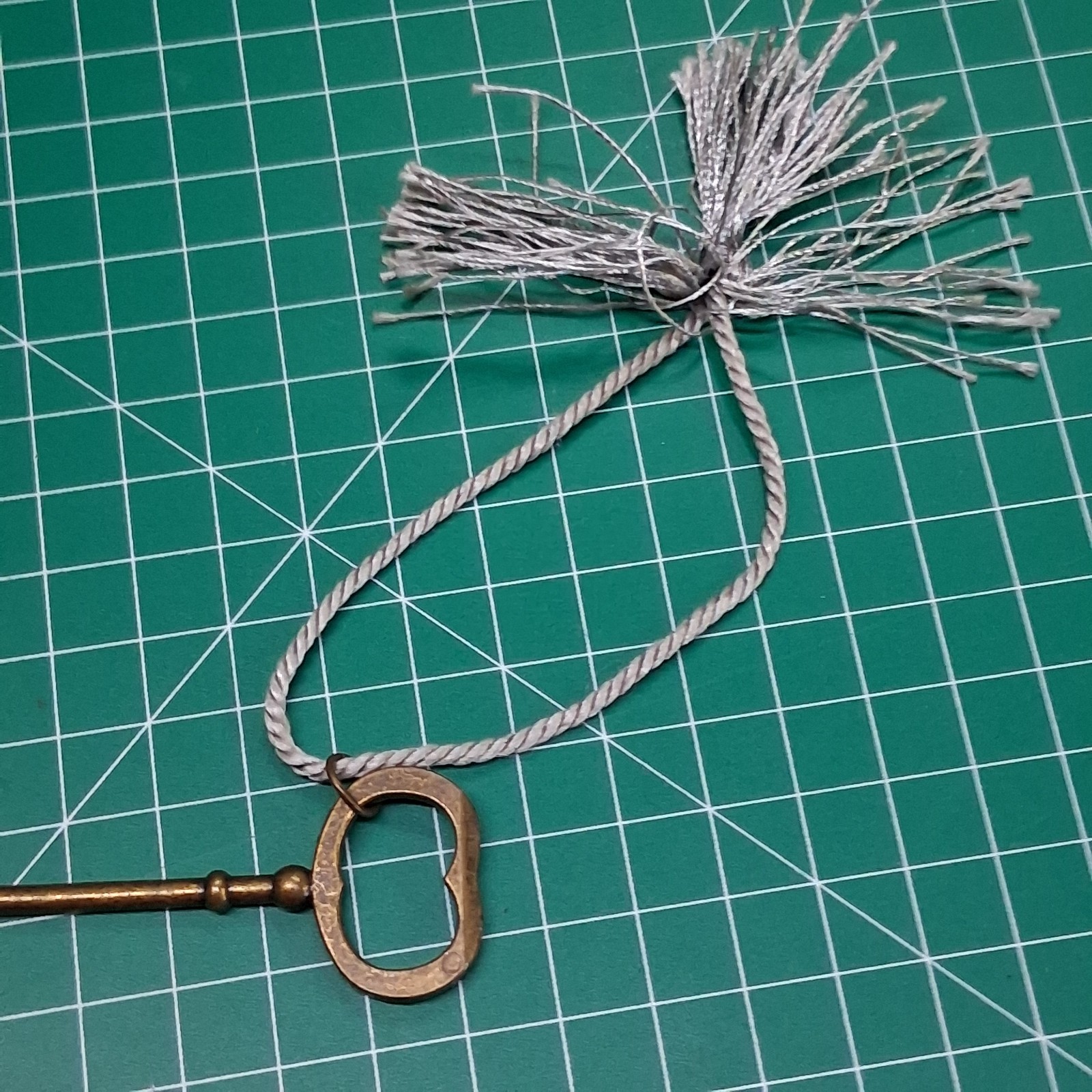 Vintage Dark Brass 3.25” Skeleton Key & Gray Tassle