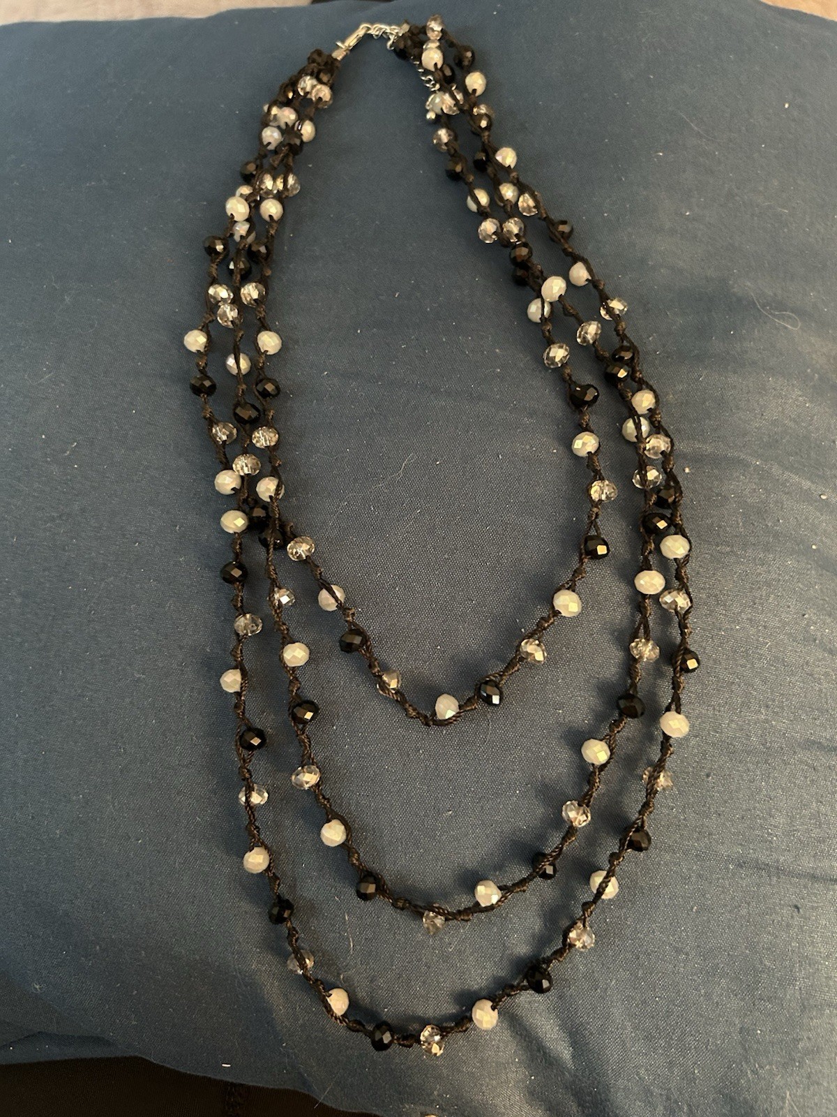 Irredescent Black, White, And Clear Beaded 3 Tiered Necklace On Nylon. 18 Inches