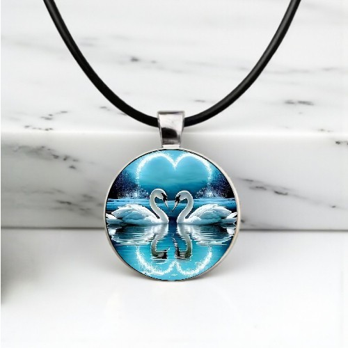 Swan Love Art Design Round Glass Pendant Necklace Rope Chain