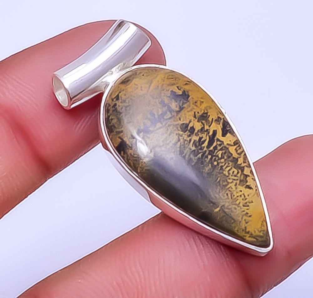 Honey Dendritic Opal – Mexico 925 Sterling Silver Handmade Pendant 1.56″ P4
