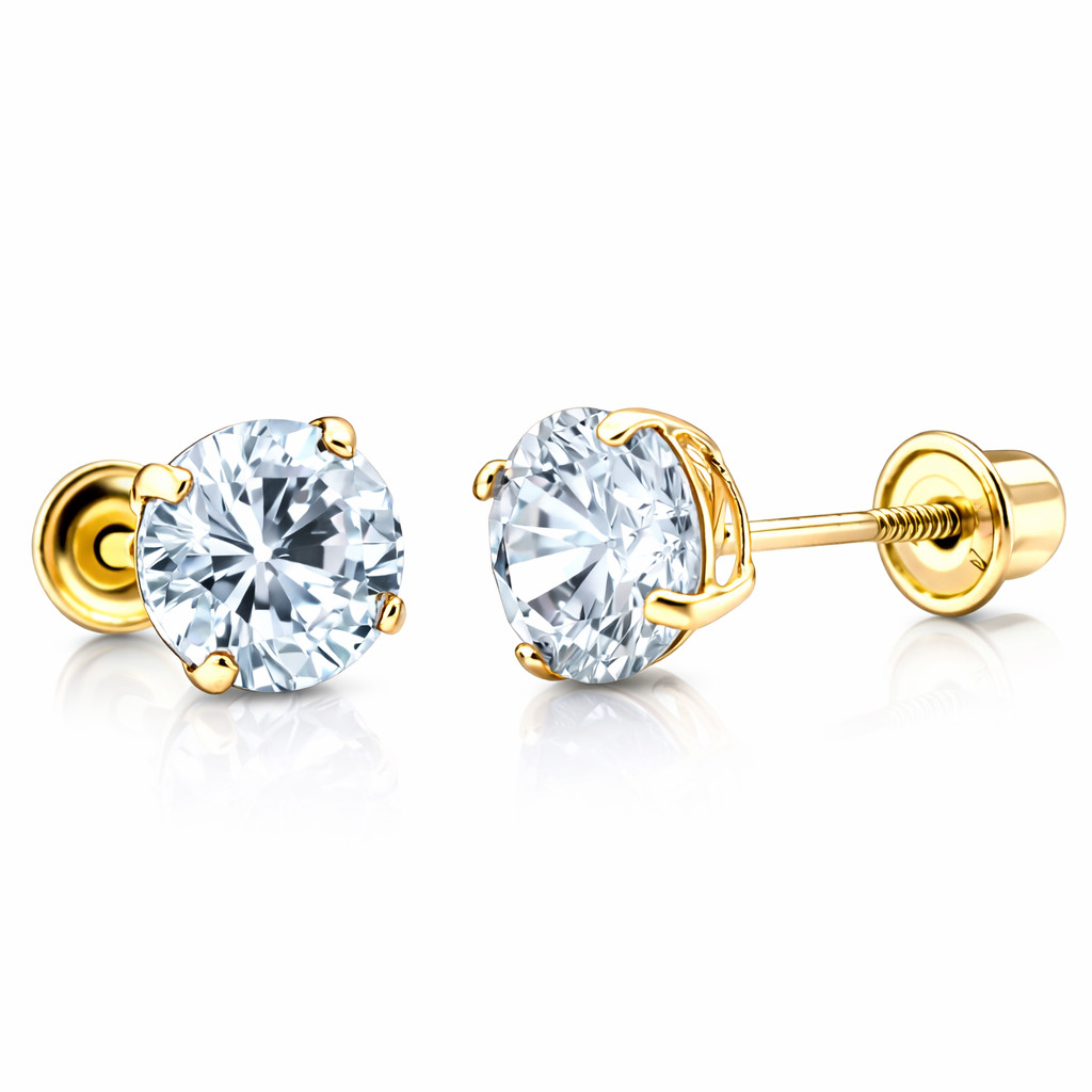 14K Solid Yellow Gold 6mm Round Birthstone Stud Earrings with screw back