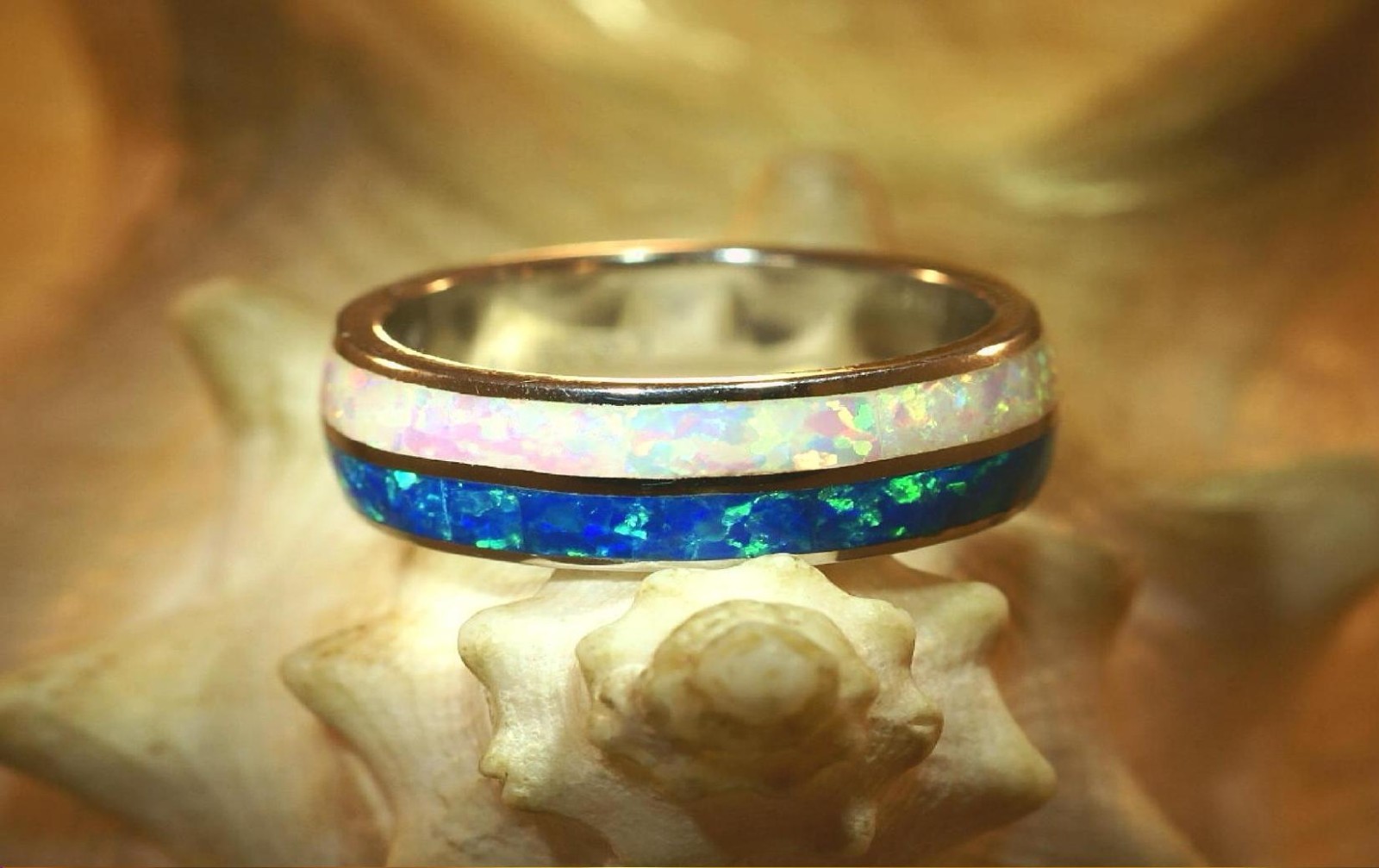 6MM RHODIUM SOLID 925 STERLING SILVER 2-TONE INLAID BLUE WHITE OPAL RING 5-12