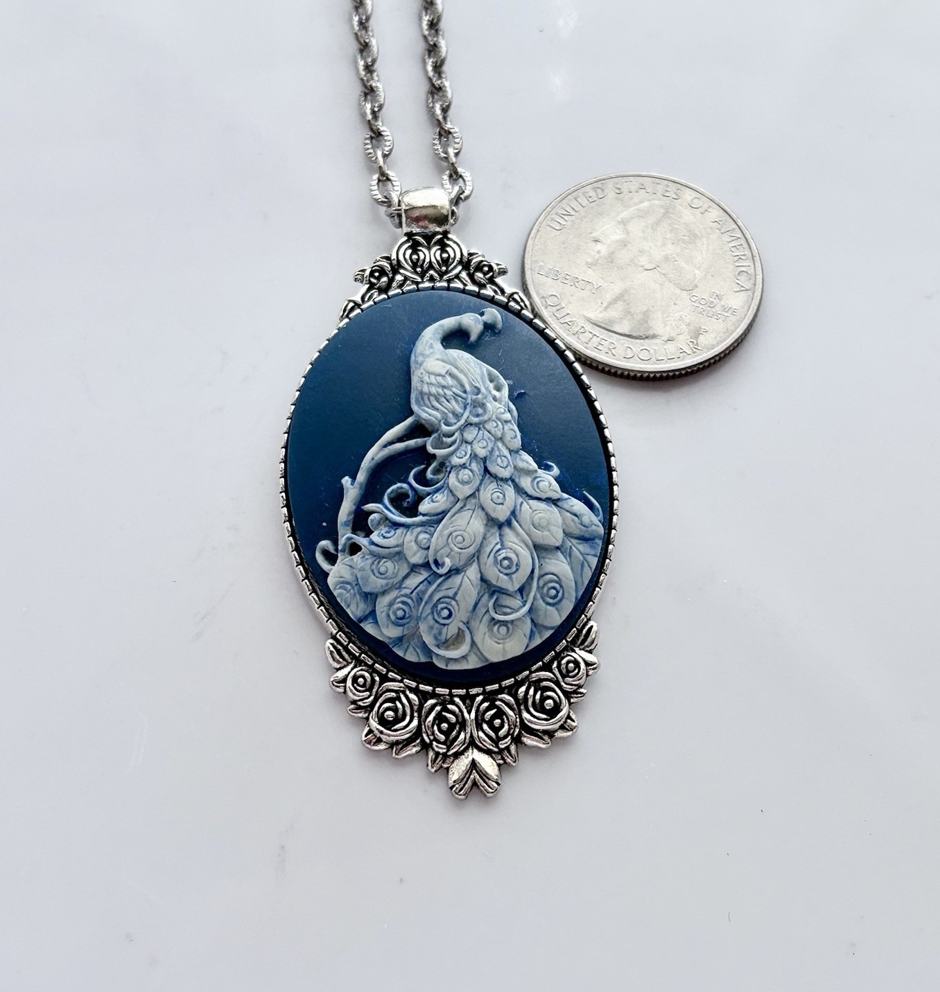 Blue Peacock Cameo Necklace, Vintage Victorian Style Pendant, Hand Painted