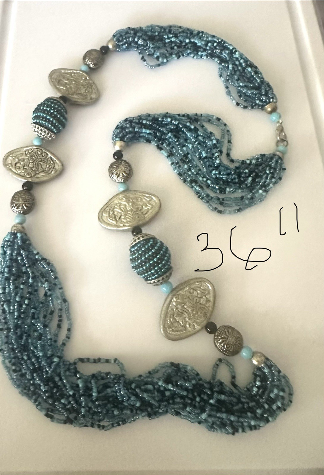 Multi Strand Blue Seed Bead 36 In Statement Necklace Silver Tone Artisan Boho