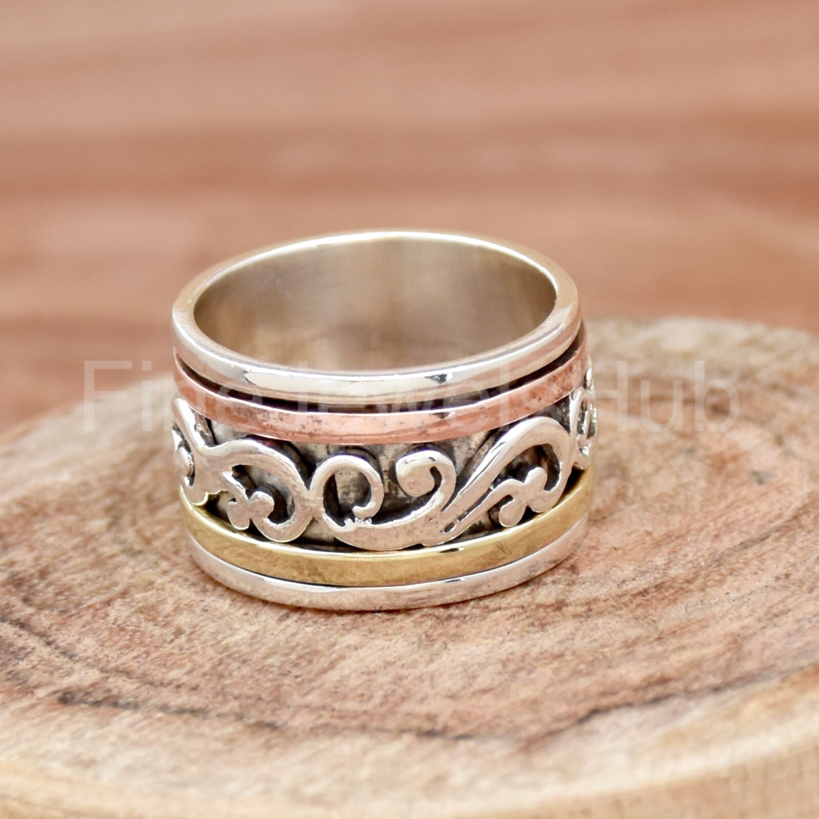 Solid Band 925 Sterling Silver Ring Three Tone Spinner Ring Thumb Band Jewelry