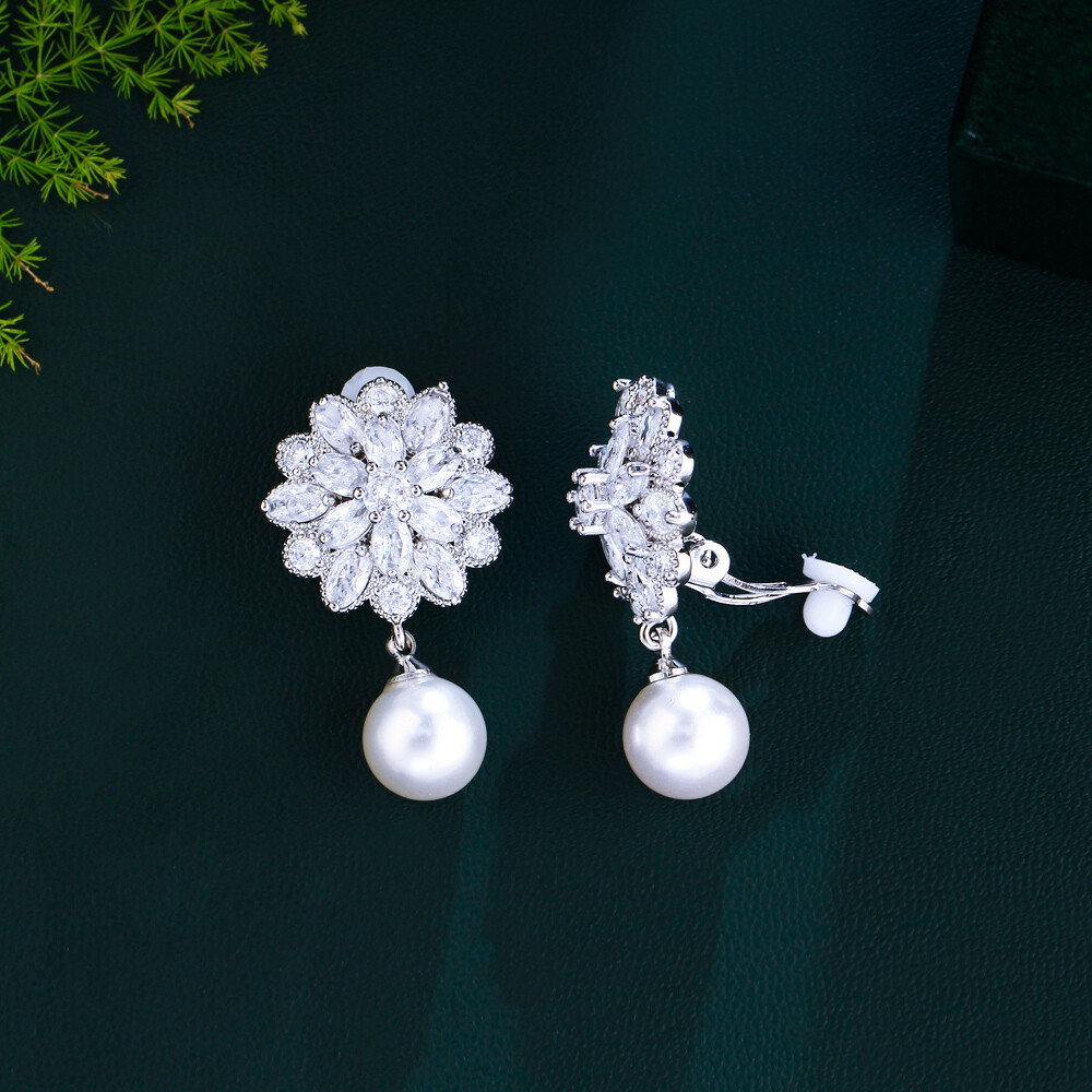 CWWZircons CZ Crystal Pearl Flower Non Pierced Clip on Drop Earrings for Women