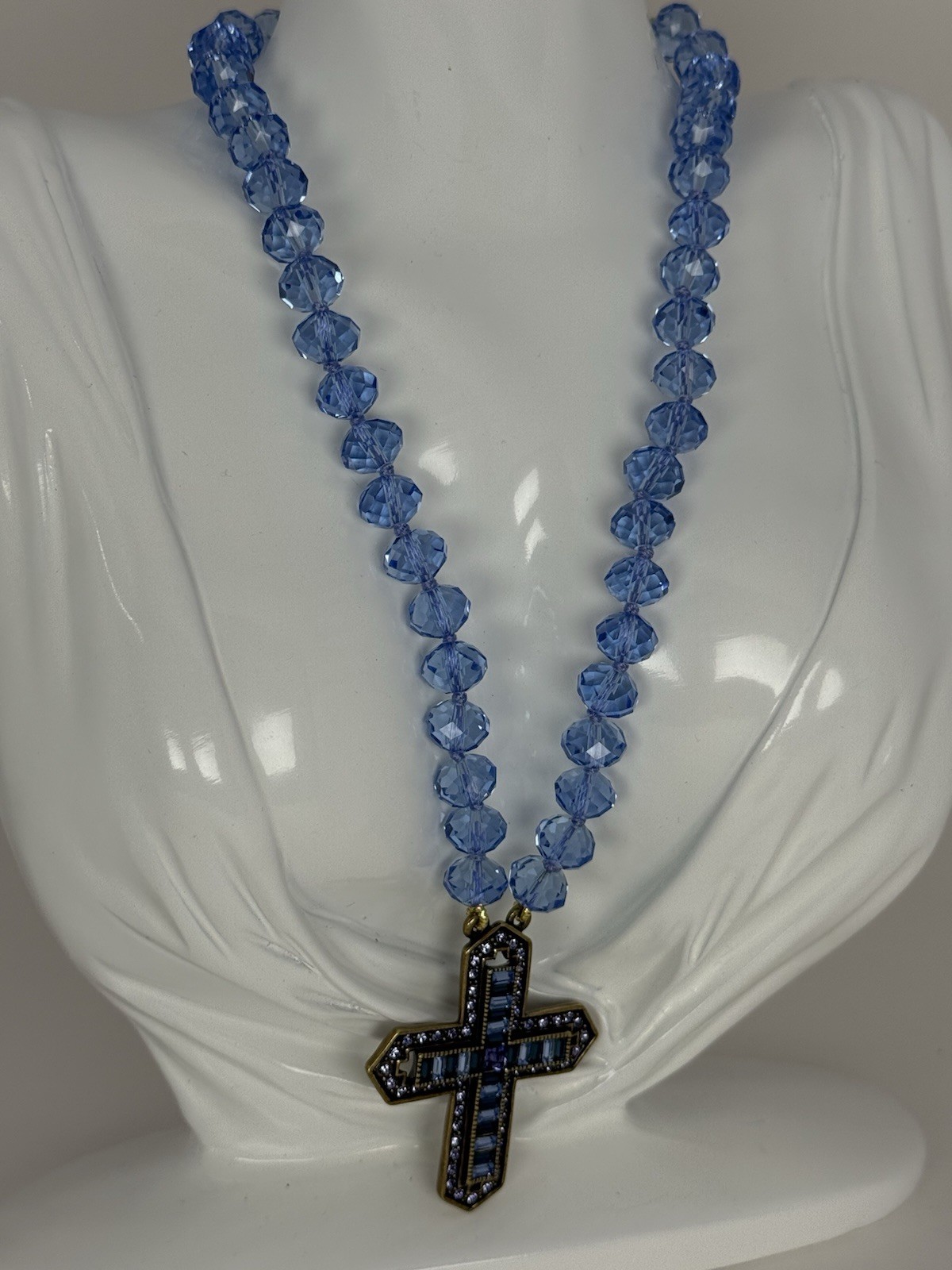 Heidi Daus Blue Purple Crystal Beaded Cross Pendant Necklace