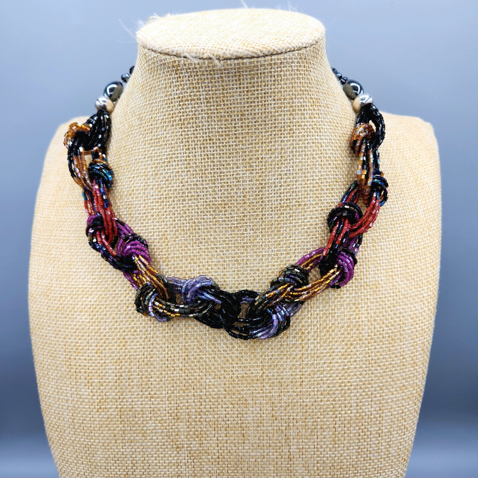 Artisan Multi Color Jewel Tone Fire Glazed Glass Bead Braided Necklace 19″