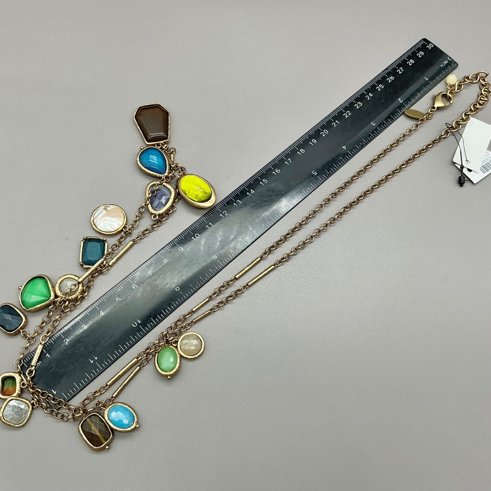 Chico’s Necklace Gold Tone Multicolor Faux Stone Station Chain Statement 34″