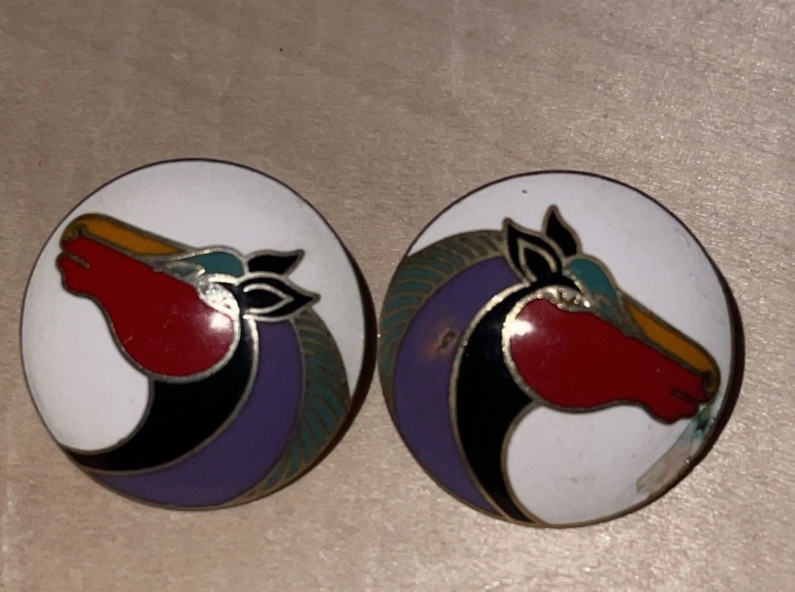 Vintage Laurel Burch Horse Earrings Black Enamel Colorful Mane “Kundus” Pierced