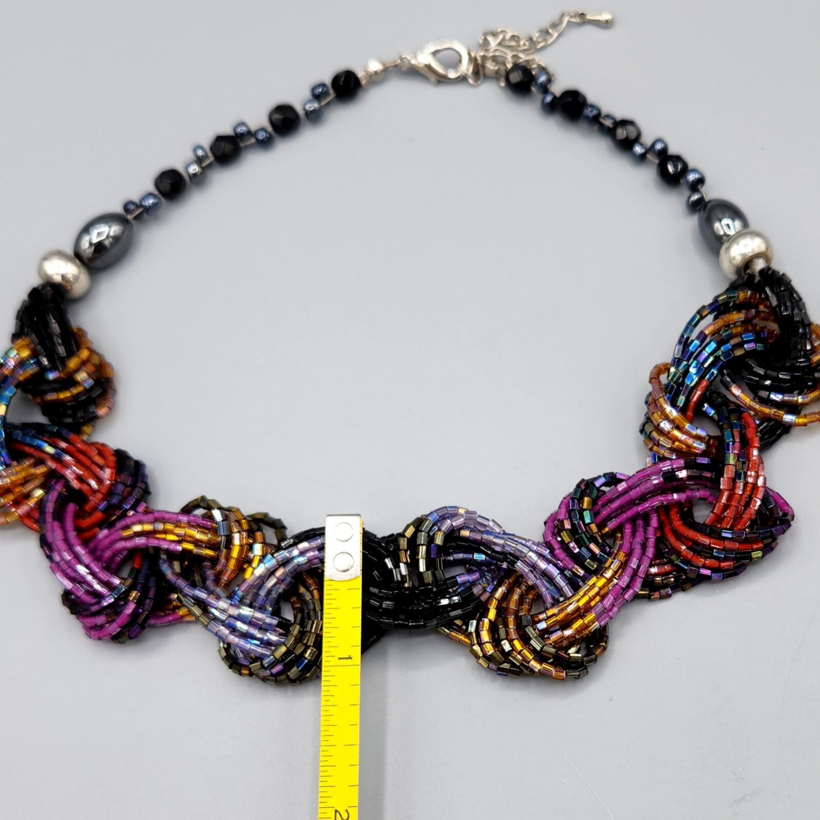 Artisan Multi Color Jewel Tone Fire Glazed Glass Bead Braided Necklace 19″