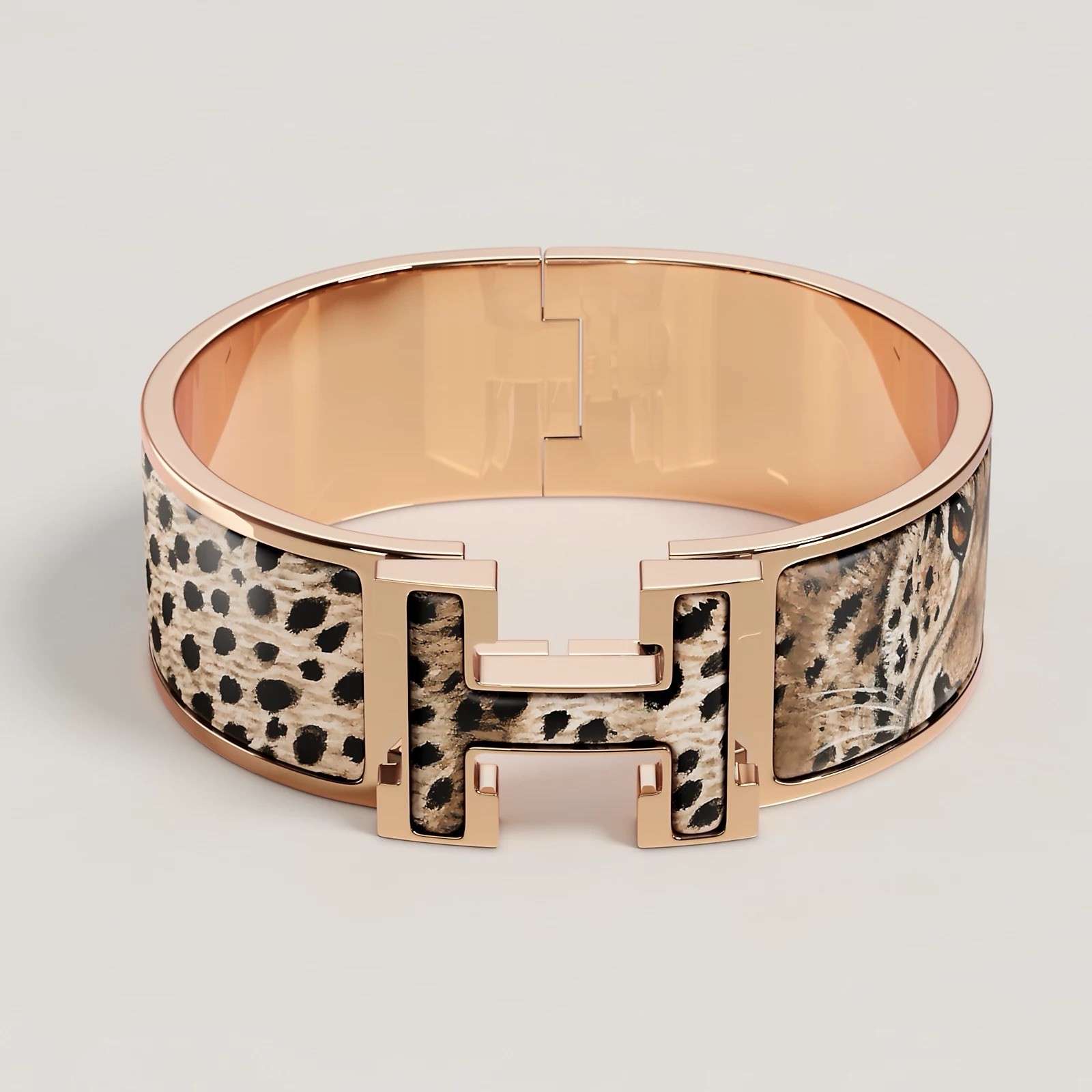 New HERMES Clic Clac H Jubatus Aube Cheetah Rose Gold plated HW Bangle Bracelet