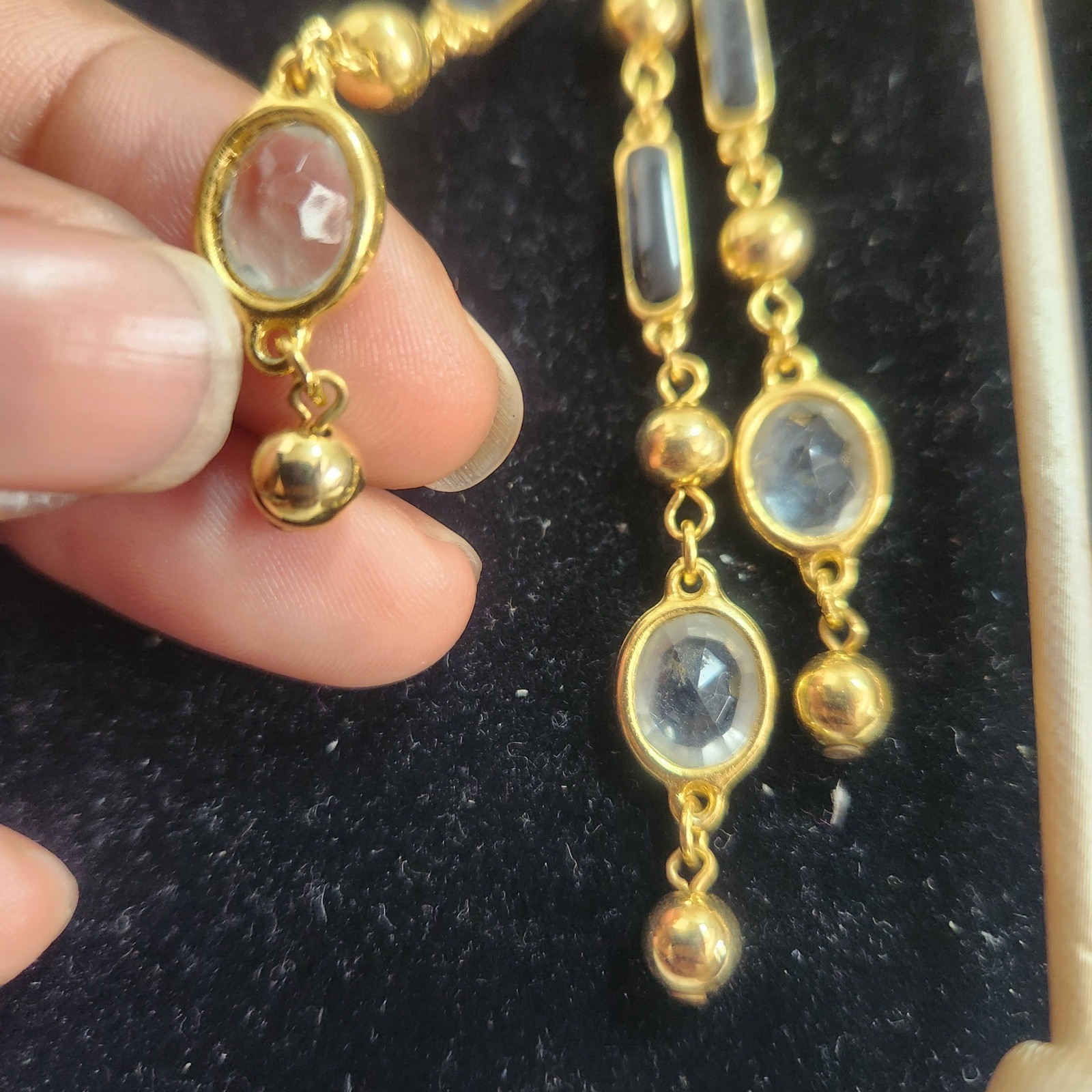 Gold Tone Black and Clear Crystal Chandelier Drop Dangle Earrings Post Back