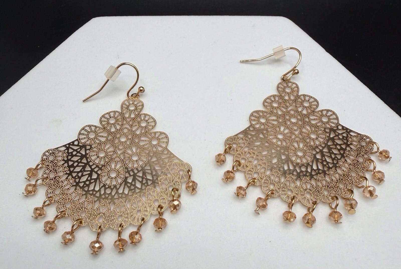 Gold Tone Filigree Earrings Dangles With Bead Accents Hook Pierced Ears 2.25”