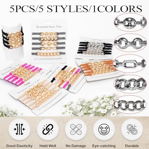 5PCS Black- Silver Gold Bracelet Hair Ties | Fancy Elastic Scrunchies with Metal