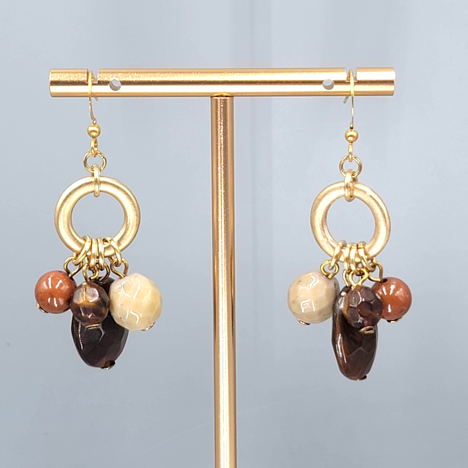 Brown Beige Orange Bead Pierced Earrings Gold tone Dangle 1.5 in