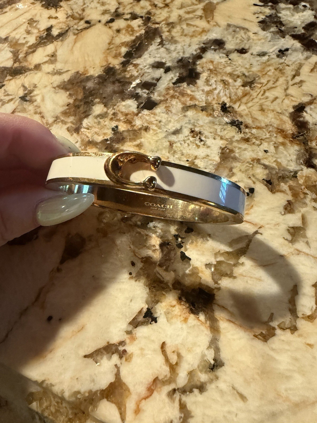 Coach Signed Gold Tone White Enamel Hinged Bangle Cuff Bracelet No Stone