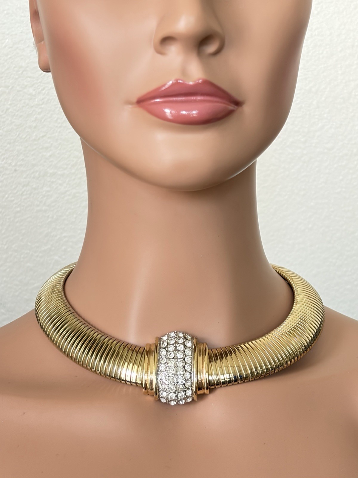OPC Omega Tubogas Necklace Gold Tone Choker Icy Crystals Off Park Collection 80s