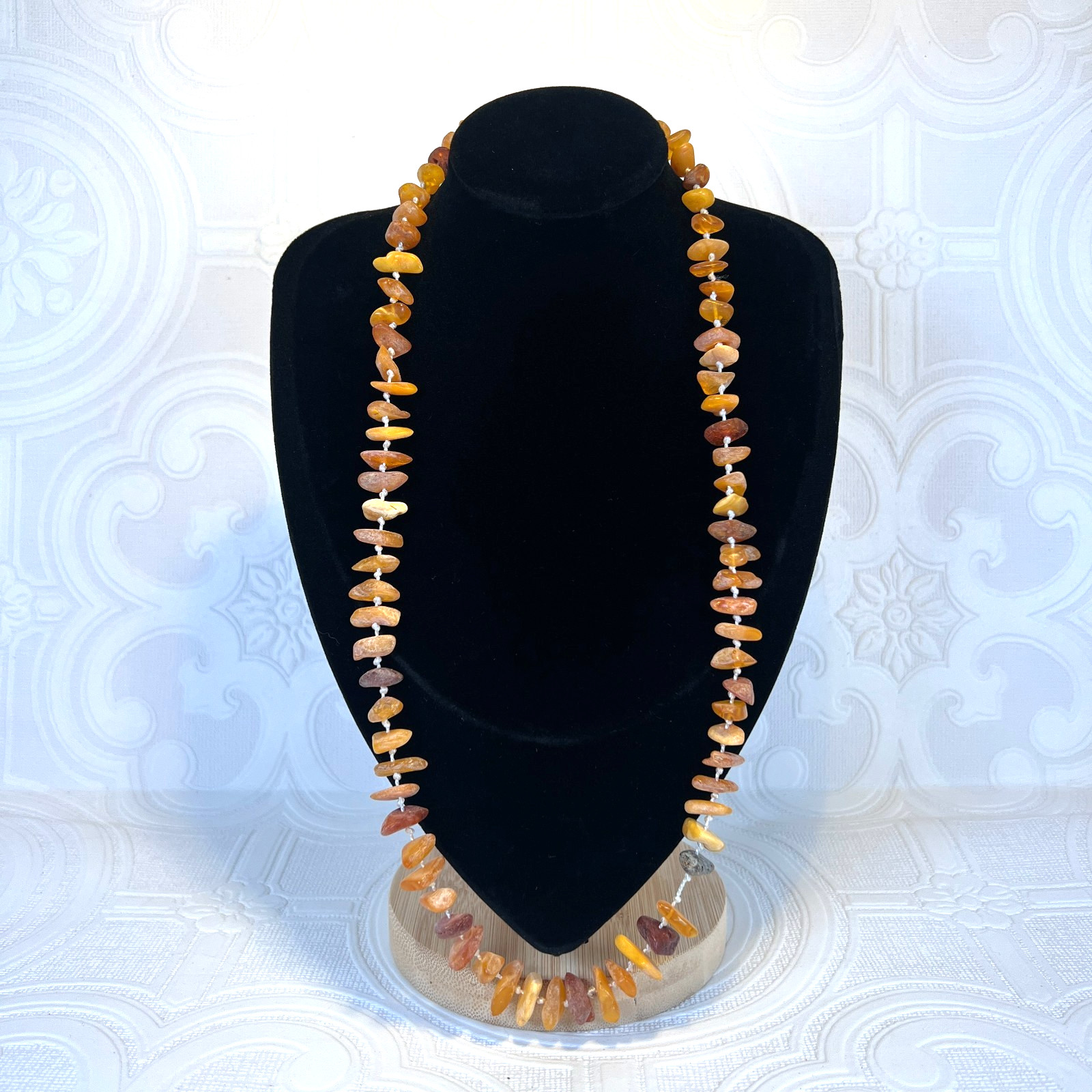 Raw Baltic Amber Necklace Beaded Hand Knotted Barrel Clasp Boho 24 Inch 61 CM