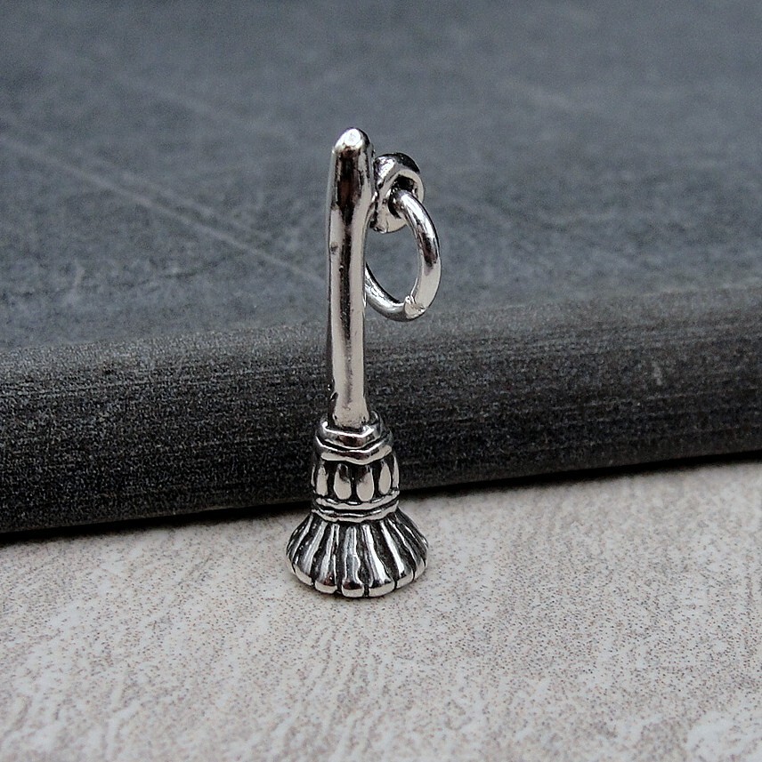 925 Sterling Silver 3D Broom Charm – Witch Broom Pendant – Wicked Witch Charm