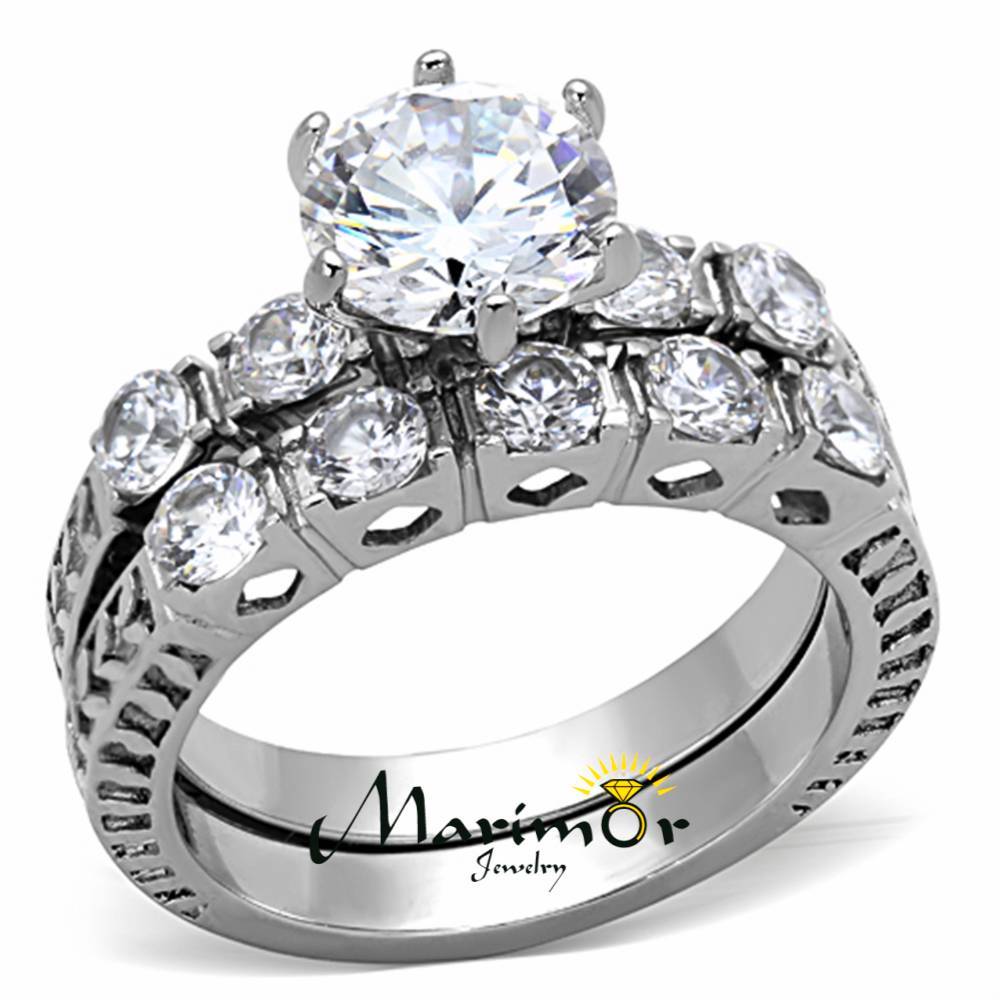 3.10 Ct Round Cut Zirconia Stainless Steel 316 Wedding Ring Band Set Sz 5-10