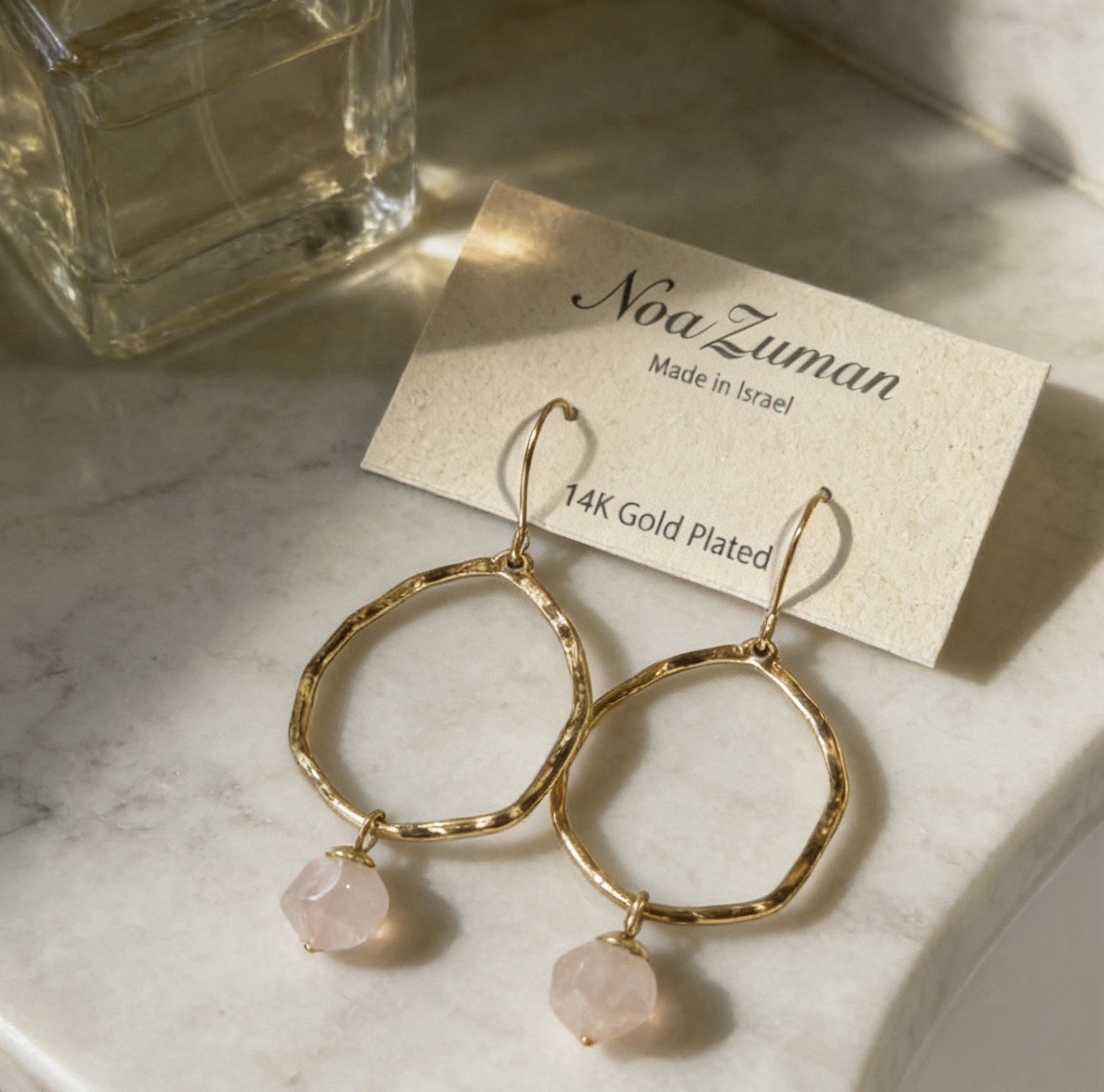 NOA ZUMAN Made In Israel 14K Gold Plated Rose Quartz Hoop Earrings